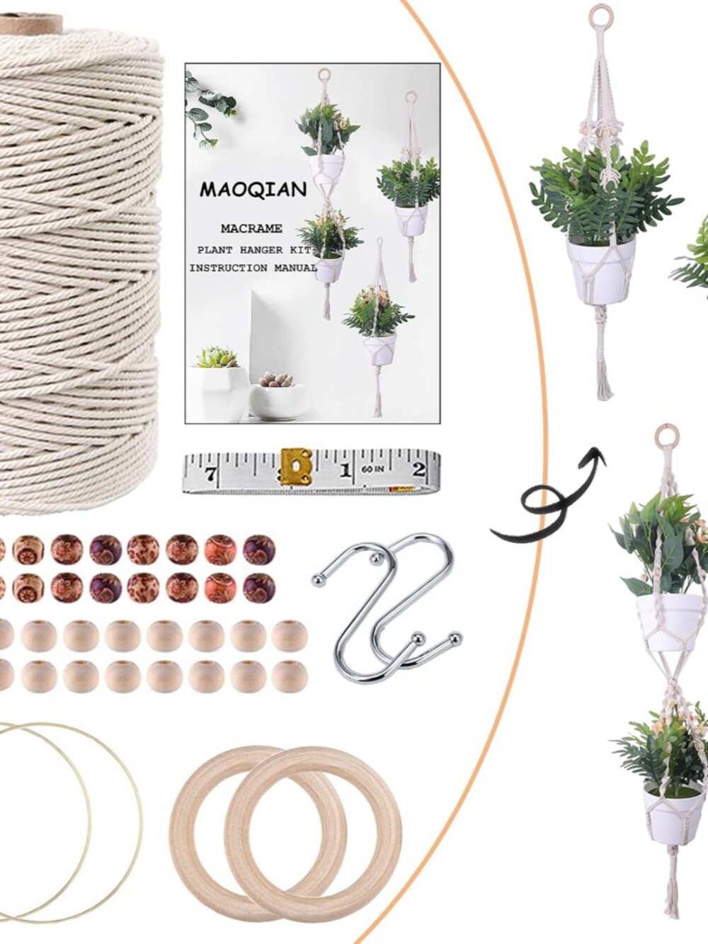 3 in 1 Macrame Kit for Beginners, 3mm x 220yards Cotton Macrame Cord, 3 DIY Macr